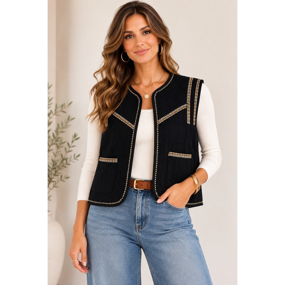 &merci Black Quilted Embroidered Vest Large Boho Western Coastal Cowgirl Cottage